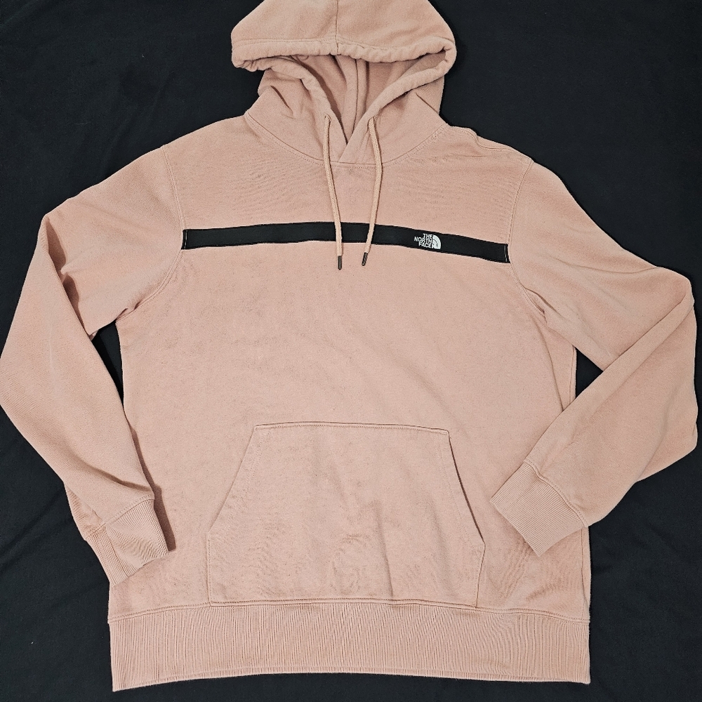 The North Face Hoodie Mens Large Pink Pullover Fleece Logo Stripe Sweatshirt